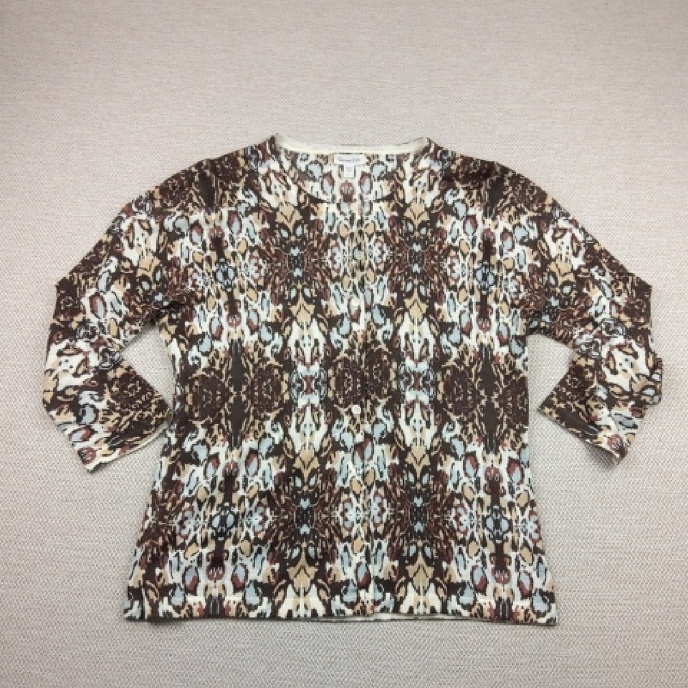 Garnet‎ Hill Patterned Brown and Cream Women's Merino Cardigan, Size L
